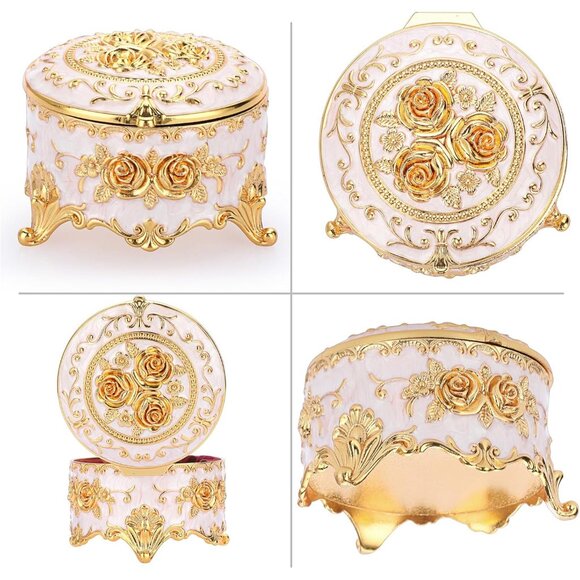 Women Vintage Round Trinket Storage Organizer Box Gold Metal Case Treasure Box - Picture 5 of 9
